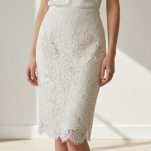 NWT Aijek Rain Lace Trim Pencil Skirt 2 White Floral Guipure Eyelash Hem